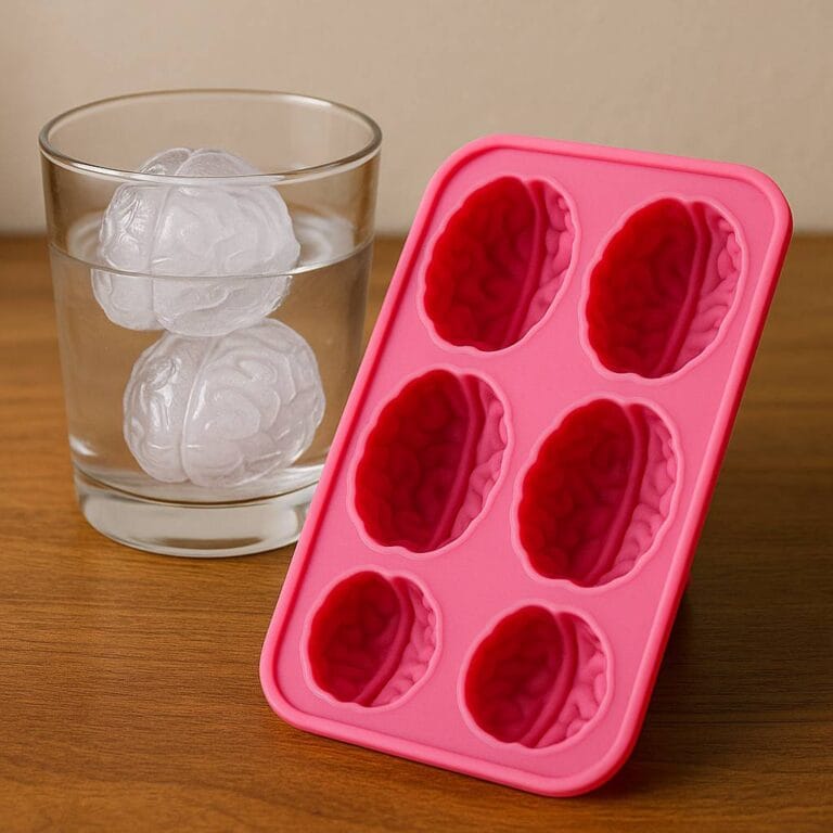 Brain-shaped ice cube tray next to a glass with brain-shaped ice cubes on a wooden table. quiryk gift ideas
