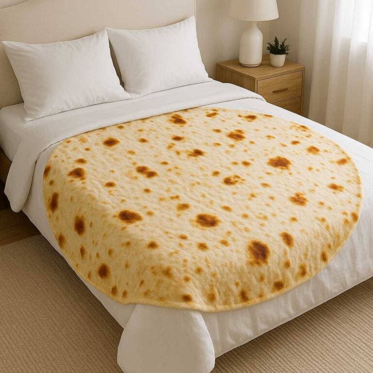 Round tortilla-patterned burrito blanket neatly spread over a bed in a cozy, neutral-toned. bedroom quiryk gift ideas