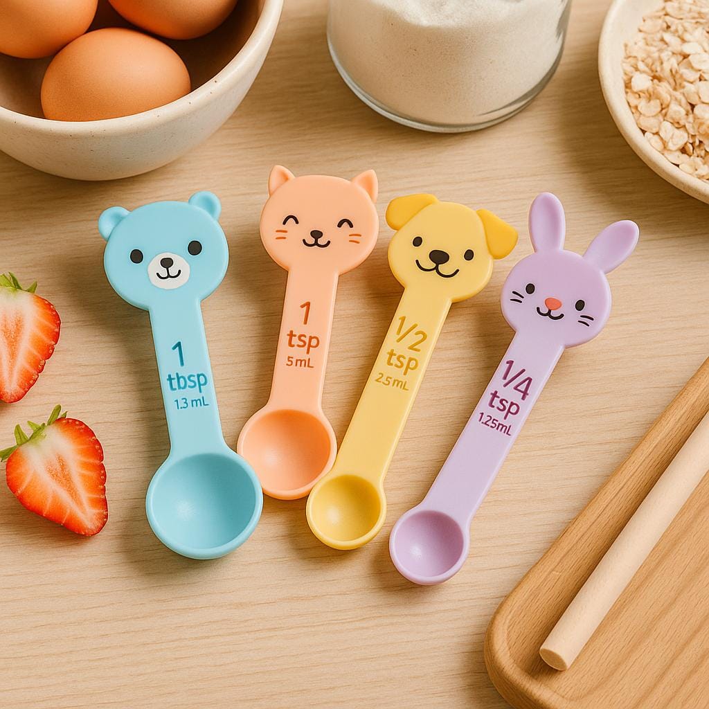 Colorful animal-shaped measuring spoons arranged on a wooden surface. Quirky gift ideas