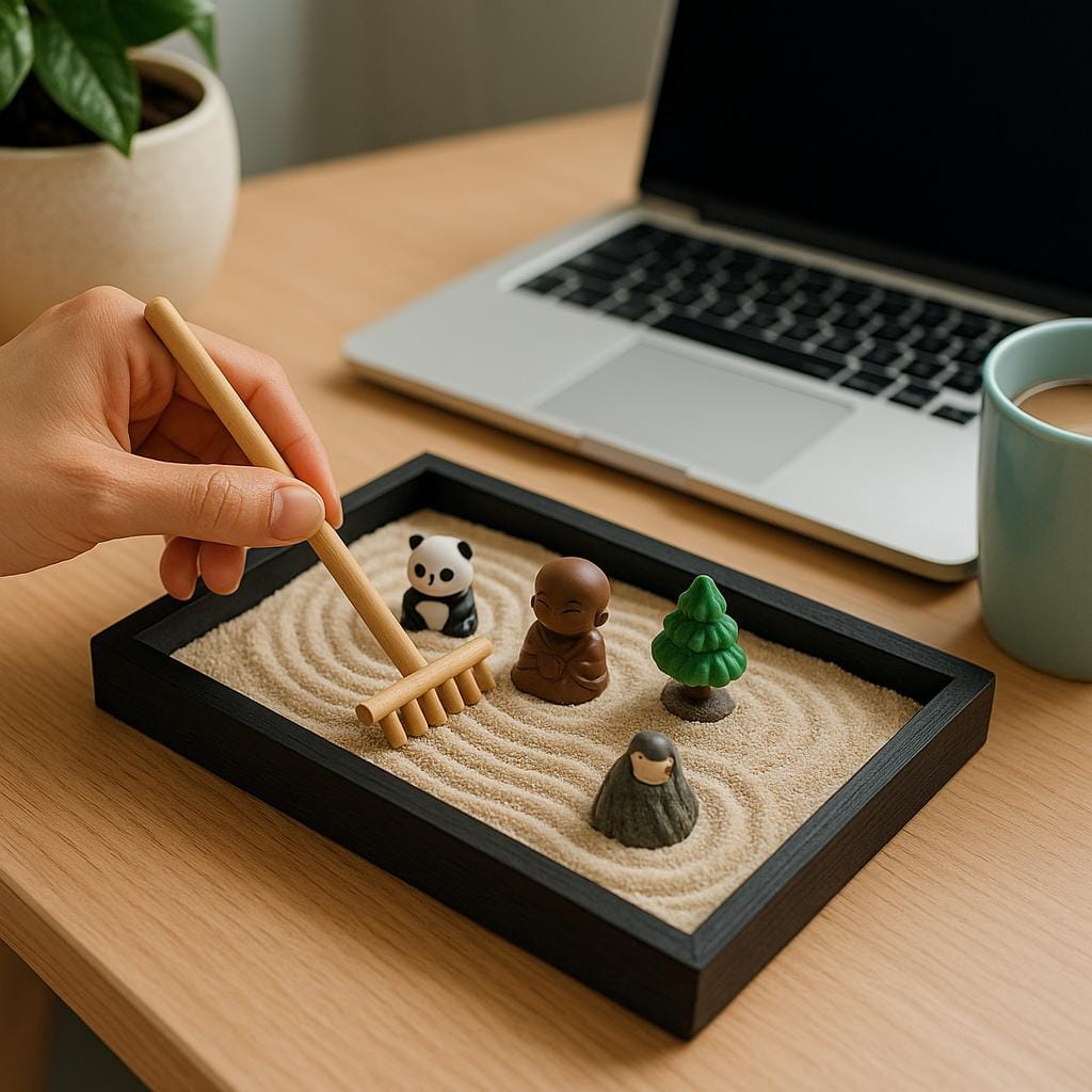Miniature desktop zen garden with figurines and a hand raking the sand. quirky gift ideas