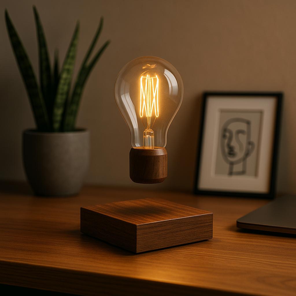 Stylish floating light bulb above a wooden base on a modern deskRound tortilla-patterned burrito blanket neatly spread over a bed in a cozy, neutral-toned. bedroom quiryk gift ideas