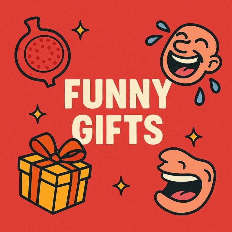 Bold red illustration with cartoon icons of a laughing face, gift box, and whoopee cushion representing quiryk gift ideas