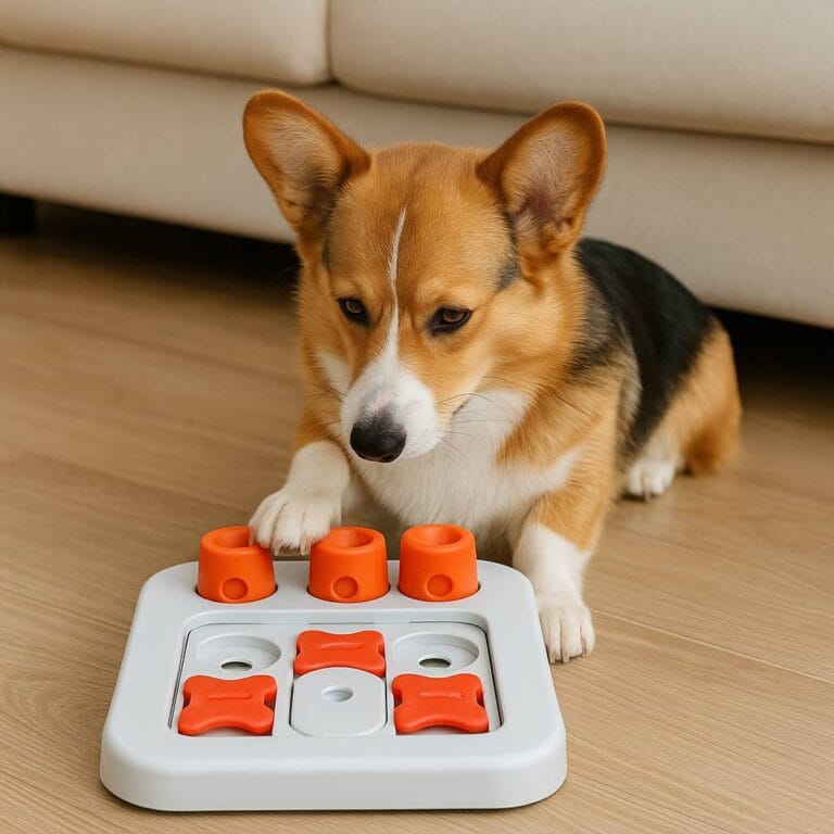 Dog using an interactive puzzle toy with treat compartments on a hardwood floor. quiryk gift ideas