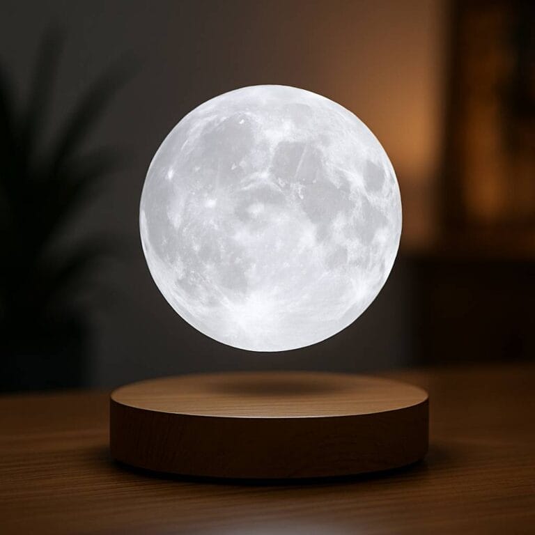 White levitating moon lamp floating above a wooden base on a table