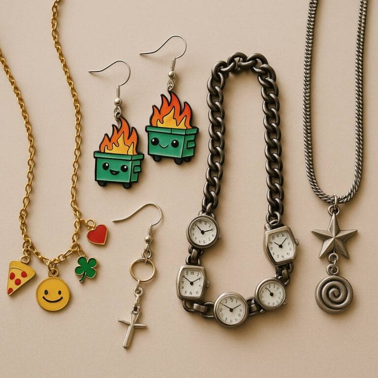 Assorted quirky jewelry pieces including charm necklaces, dumpster fire earrings, and bold statement chokers arranged on a soft surface. quiryk gift ideas