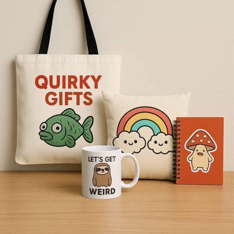 A group of quirky gifts including a tote bag, rainbow pillow, sloth mug, and mushroom notebook arranged on a wooden table. quiryk gift ideas