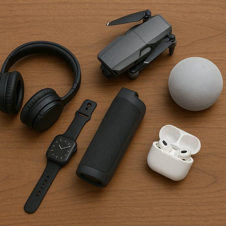 A collection of modern tech gadgets including headphones, smartwatch, Bluetooth speaker, drone, smart speaker, and wireless earbuds on a wooden surface. quiryk gift ideas