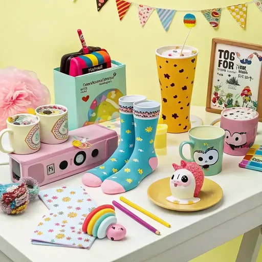 Colorful collage of quirky gift items, including a lava lamp, banana phone, and space mug