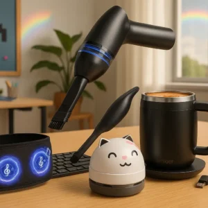 A collection of unique tech gadgets including a cat-shaped desk vacuum, smart heated mug, mini air duster, sleep headband with speakers.