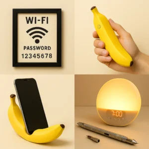 Collage of quirky gift items including a Wi-Fi password sign, banana-shaped phone holder, sunrise alarm clock, and multifunctional pen.