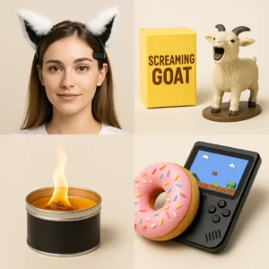 Collage of quirky gifts including brainwave cat ears, screaming goat toy, portable campfire, donut-shaped soap, and retro handheld game console.